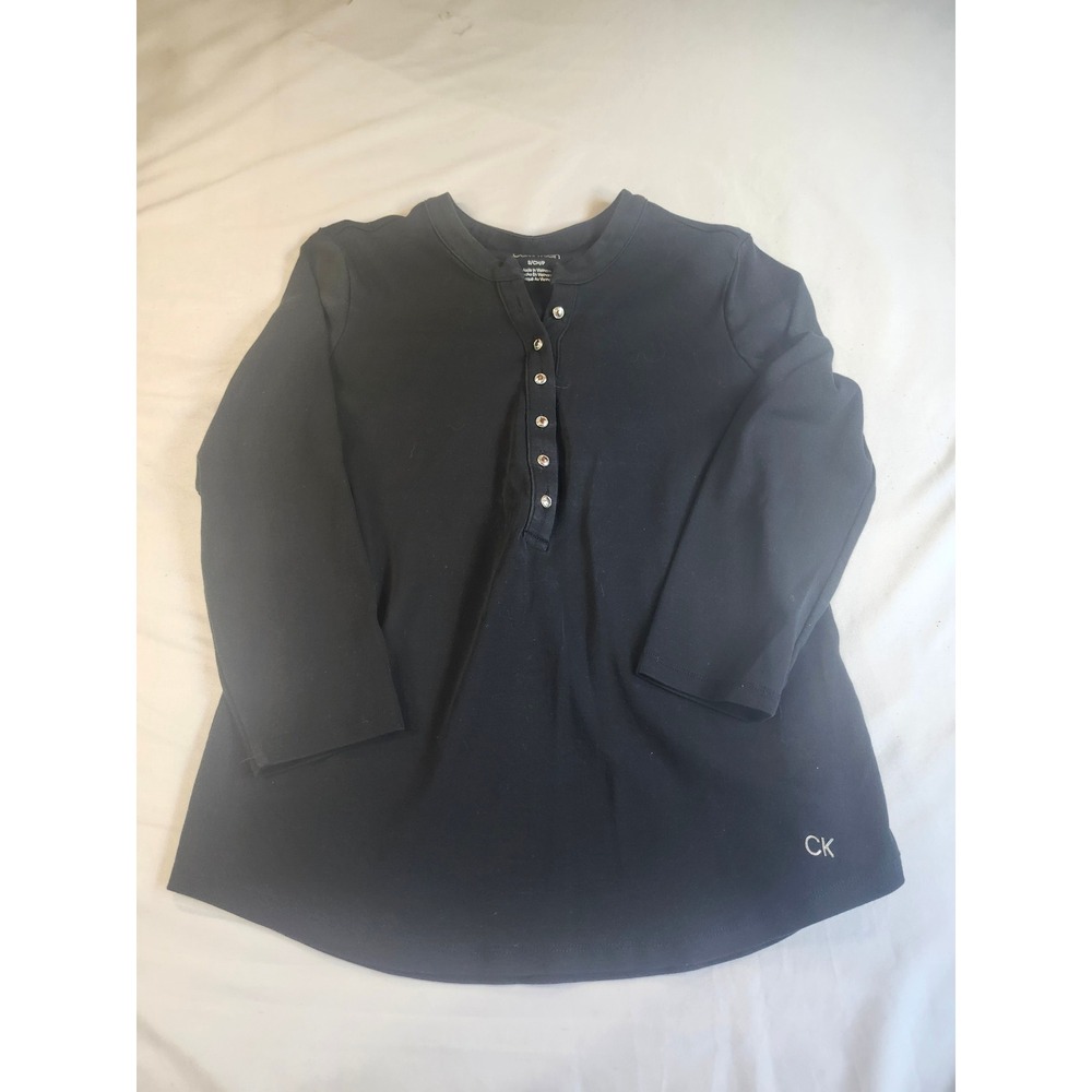Calvin Klein Womens Black Long Sleeve Henley Button Neck Top CK Logo Small